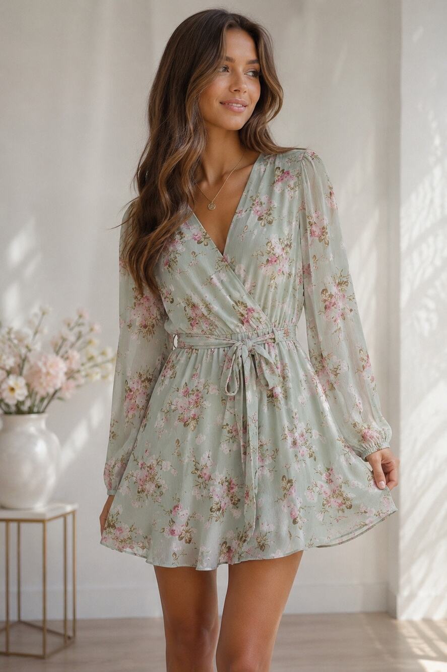 Express Sage Green Floral Faux Wrap Mini Dress Long Sleeve Tie Waist Small NEW